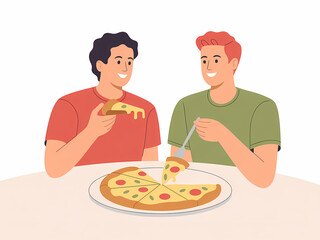 Flat illustration of two friends sitting at a table sharing pizza, smiling and enjoying meal together, modern minimal design for lifestyle and friendship concept