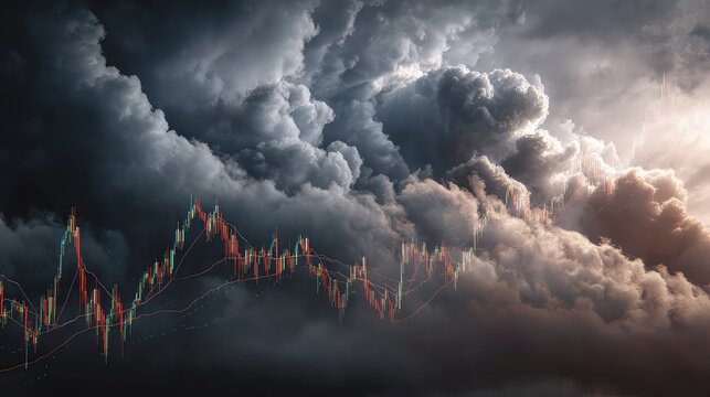 Ominous storm clouds with a candlestick chart overlaying the dramatic sky - Powered by Adobe
