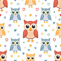 Seamless pattern featuring adorable cartoon owls in various colors with hearts and stars on white background.