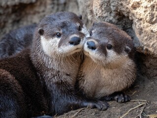 Curious North American River Otters Cuddling in Nature: Cute Mammals Playing on Rocks