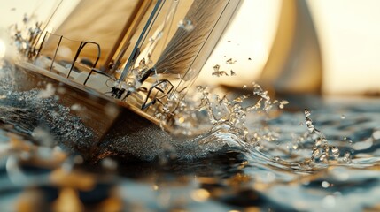 Sailing vessel slicing through water, creating dynamic splash and spray effect
