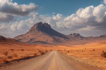 Naklejka premium Desert Road Side. Sahara Desert Landscape with Atlas Mountains and Panoramic Sky View