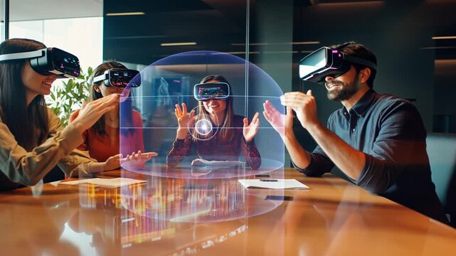 Diverse group engaging in virtual reality collaboration.