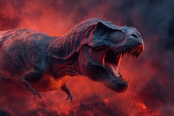 Dinosaur Volcano. Three-Dimensional Tyrannosaurus Rex Attacking in Dark and Dangerous Cretaceous Scene
