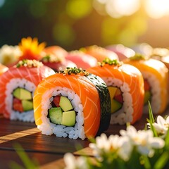 Colorful sushi rolls on a wooden surface