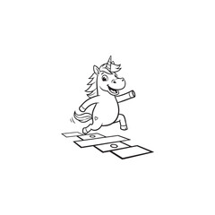 Vector art of a cartoon unicorn with a basket, joyfully running over scattered papers isolated on a