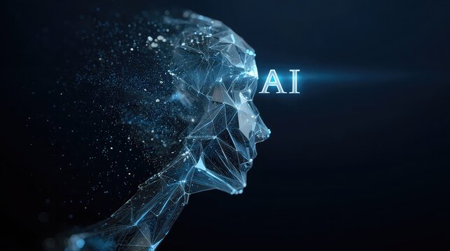 Artificial intelligence concept with digital human face and ai text overlay