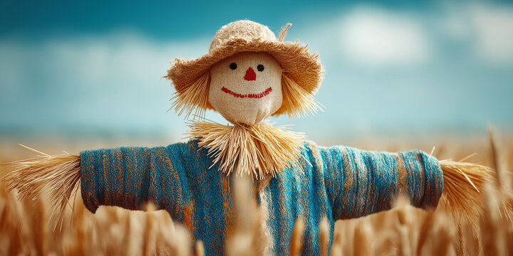 Scarecrow in cornfield, high-key high-detail photo, Halloween concept