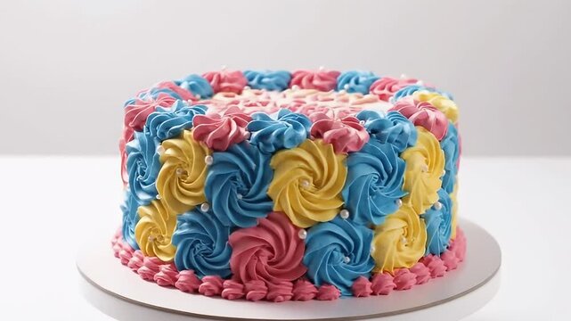 Round cake with blue yellow  pink rosette icing adorned with small white pearls sits on a white cake stand against a plain backdrop