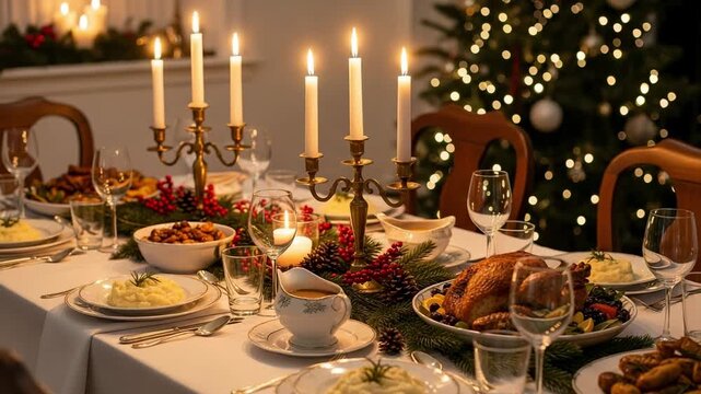 Elegant Christmas dinner table with roasted turkey and festive decorations. Holiday family feast with candles and a Christmas tree in the background.