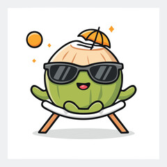 A cheerful cartoon coconut wearing sunglasses and relaxing on a beach chair under the sun with an umbrella.