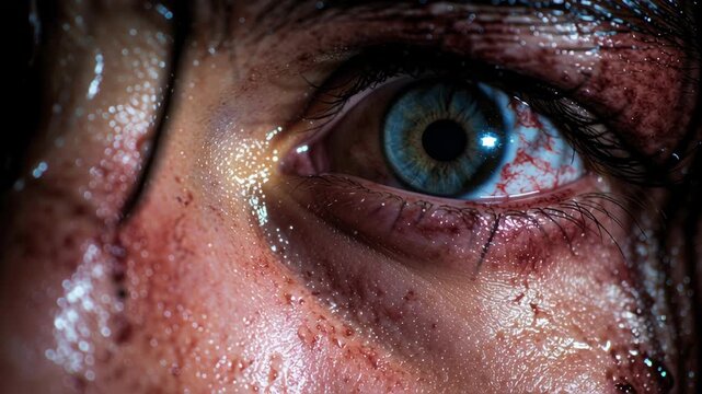 Zombie with sharp teeth glowing eyes concept. A close-up of an eye with visible injuries and a haunting expression.