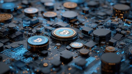 Closeup of bitcoins on a circuit board, representing digital currency and technology