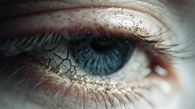 Zombie with sharp teeth glowing eyes concept. A close-up of an eye with a cracked surface, emphasizing an eerie and unsettling look.