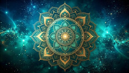 Teal and gold mandala superimposed on a cosmic nebula background