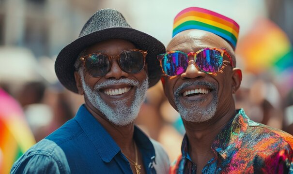 Happy gay black men celebrating Pride Month. Elderly African American homosexual couple at a summer party, enjoying a LGBTQ+ parade and spreading the message of love, Generative AI