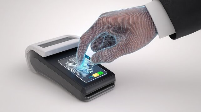Fingerprint scanning on a payment terminal for secure transaction process - Powered by Adobe