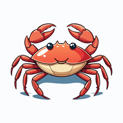 Cartoon illustration of a smiling red crab with large claws and cute eyes.