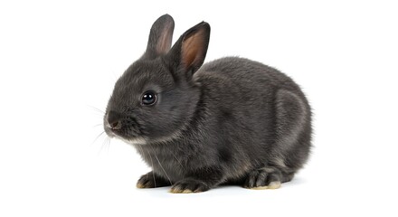 Obraz premium Adorable charcoal bunny with expressive eyes poses against a stark white background