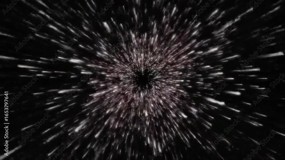 Poster an abstract digital illustration of a black hole with a burst of white and pink light particles, cre