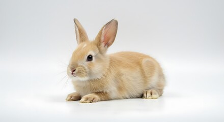 Adorable fawn colored bunny resting on a clean white background, showcasing its soft fur and delicate features.