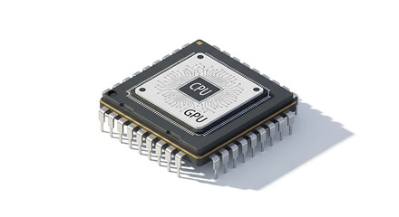 A close up shot of a cpu and gpu chip on a white background showing the pins and circuitry details