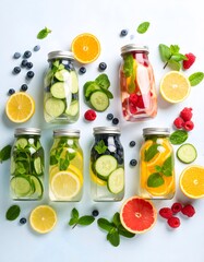 Colorful Infused Water Jars with Fresh Fruits and Herbs on White Background