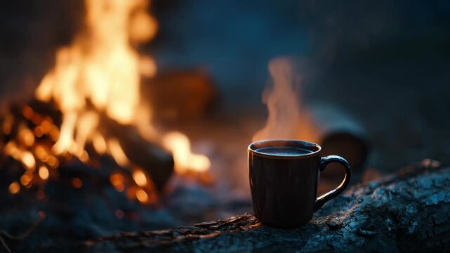 Warm steaming mug sits on a rock near a vibrant bonfire at night. Dark, moody scene with warm firelight.