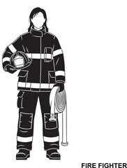 Vector art of a firefighter in full protective gear, including helmet and hose, stands ready for action, isolated on a