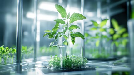Growing plants in test tubes, laboratory setting,  brightly lit, scientific research