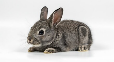 Obraz premium Adorable gray bunny resting on a white surface, looking directly at the camera