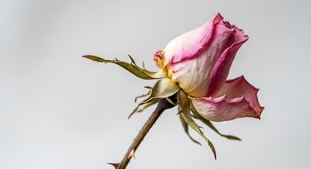 Delicate wilting pink rosebud with thorns, symbolizing beauty, fragility, and the passage of time.