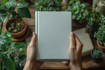 Book with a white cover in his hands, top view. Notebook mock-up
