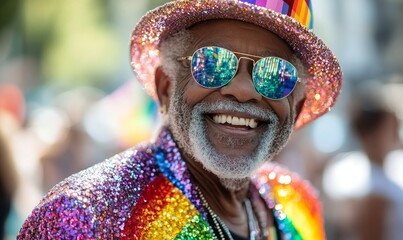 Happy elderly gay black man at a Pride parade. Senior African American queer man in a sequin outfit and rainbow flag, celebrating LGBTQ+ rights. Promoting inclusion and diversity, Generative AI