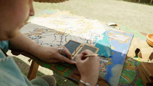 An over-the-shoulder shot of a person in Roman costume studying historical maps. They use a stylus to take notes or make calculations on a traditional wax tablet.