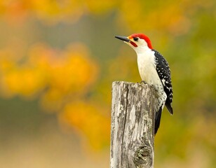 Colorful woodpecker on a weathered post