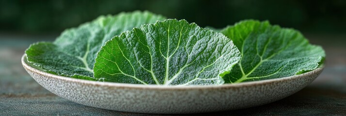 Fresh green leaves arranged in a shallow dish