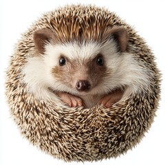 Obraz premium A cute hedgehog curled up in a ball displaying its spiky exterior and face foraging.