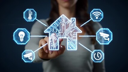 Young Woman Interacting With Smart Home Interface Digital House Control Interface and Futuristic Technology on Dark Blue Background with Digital Elements - Powered by Adobe