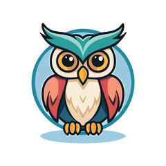 Fototapeta premium A colorful cartoon owl with big eyes and a blue circle background.