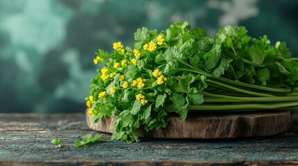 Fresh bunch of vibrant green herbs with tiny yellow flowers rests on a rustic wooden board against a teal background