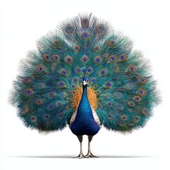 A vibrant peacock displays its colorful plumage with intricate eye patterns in full fan.