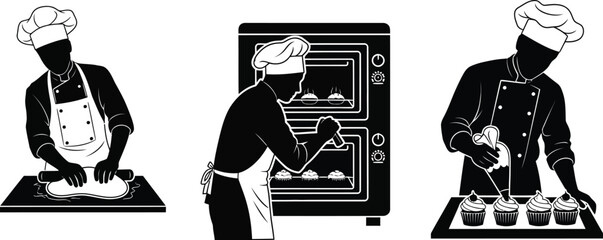 Chefs skillfully prepare baked goods, from kneading dough to decorating cupcakes.