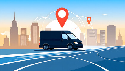 Black Delivery Van Driving On Road With Location Markers Against Cityscape In Blue And Orange Hues