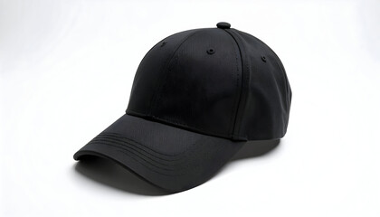 Black Baseball Cap Isolated On White Background Studio Shot Demonstrating Texture Detail