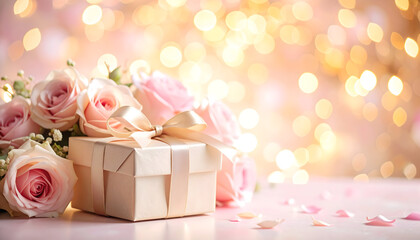 Soft Pink Roses Bouquet with Gift Box on a Table against Bokeh Lights Background