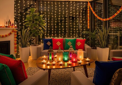 Photo of diwali home decor with lights, candles, and marigold garlands creating a warm and festive atmosphere for the indian holiday celebration