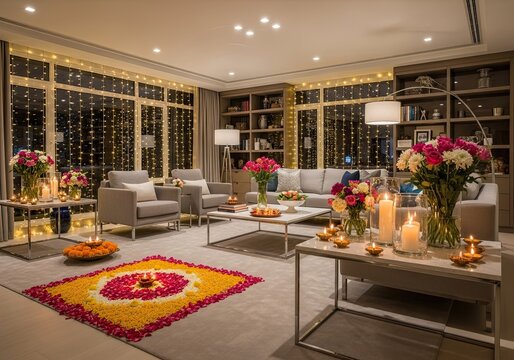 Photo of elegant living room decorated for diwali celebration with rangoli, candles, and flowers creating a festive and inviting atmosphere for the holiday season