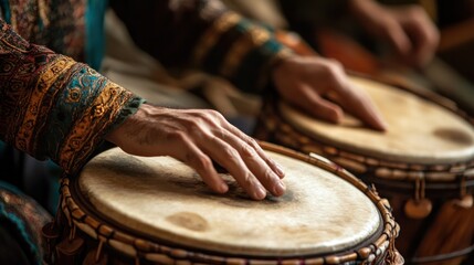 Hands playing traditional djembe drums in a cultural performance