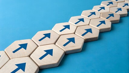 Progress and Direction Concept – Wooden Hexagonal Tiles with Upward Arrows, Strategy, Growth, Abstract, Blue Background